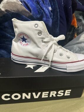 Converse White High Top Sneakers with Red & Navy Stripe